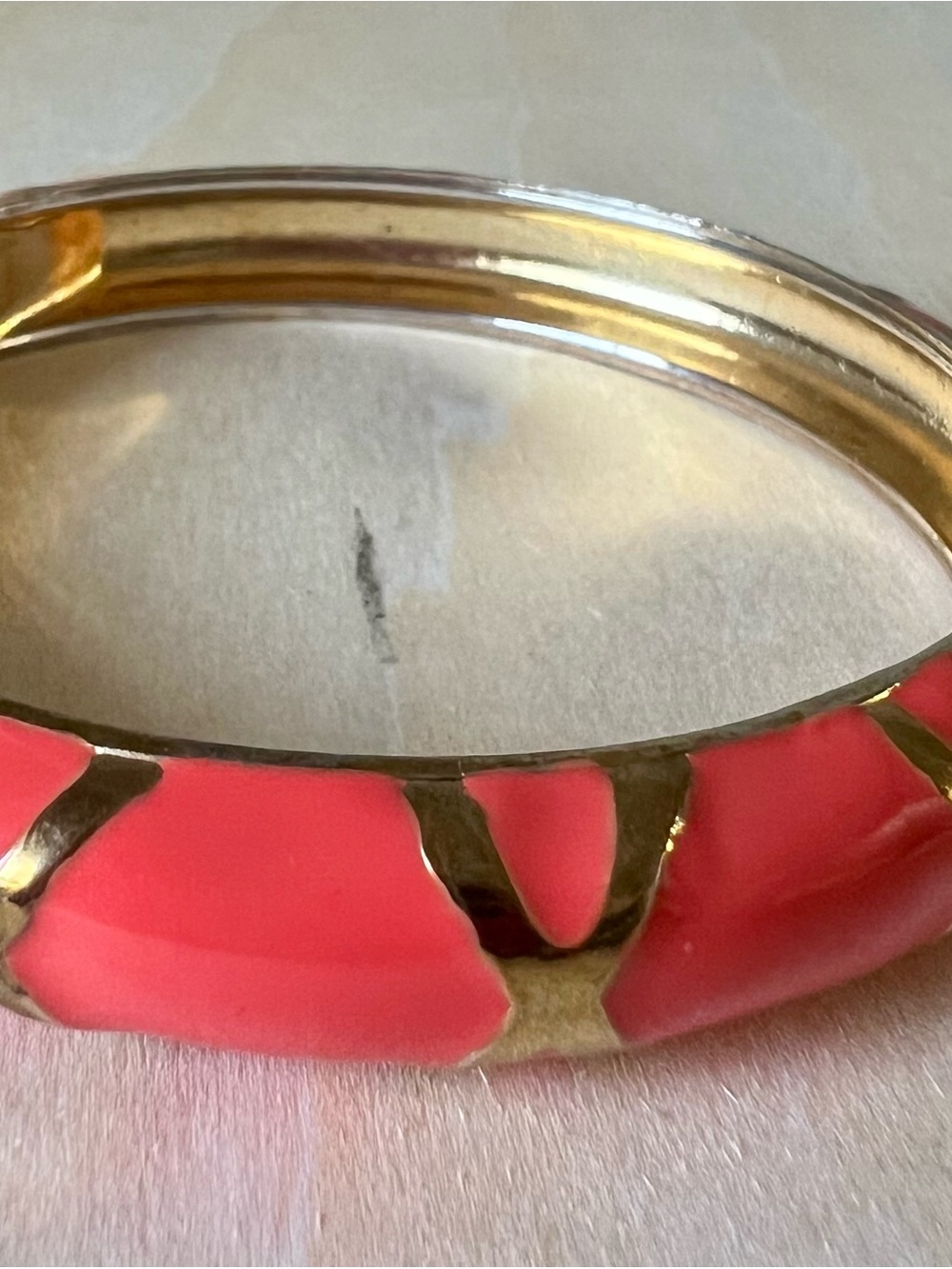 Vintage Coral Enamel Gold-Tone Zigzag Bamboo Bangle Bracelet, KJL-Style